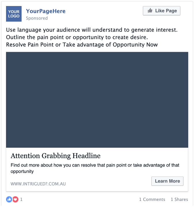 Example template of a Facebook ad spot