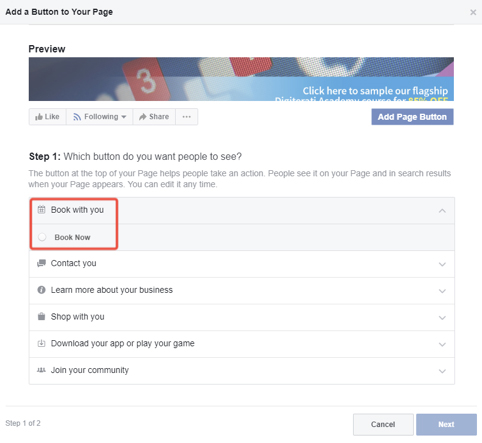 Facebook appointments button 'book now' button