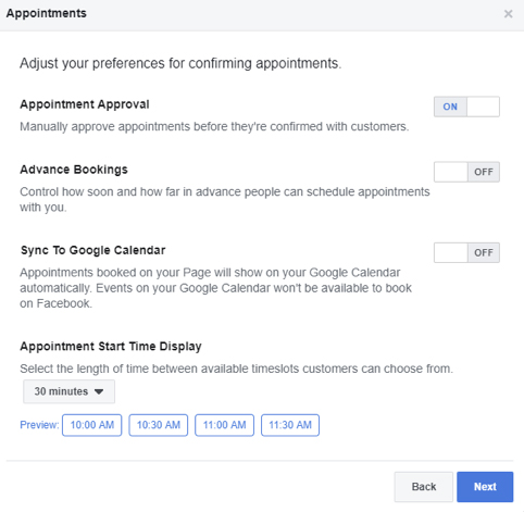 Facebook appointments business preferences